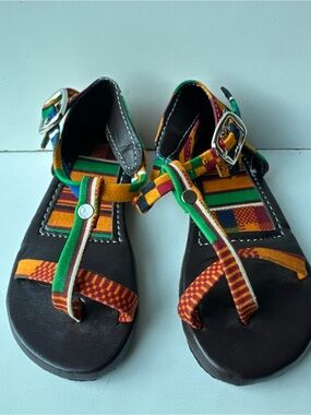 Handmade African Kente Print Fabric Leathe
r Sandals Strappy Toddler Kids Size 5